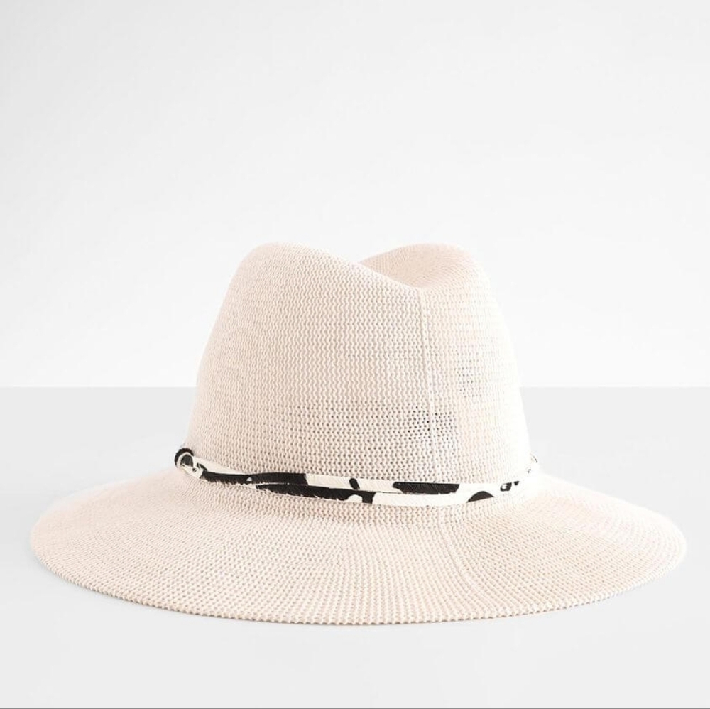 Wyeth Anthropologie Open Weave Beige Fedora Hat Black White Cow Print Band OS - Picture 2 of 5